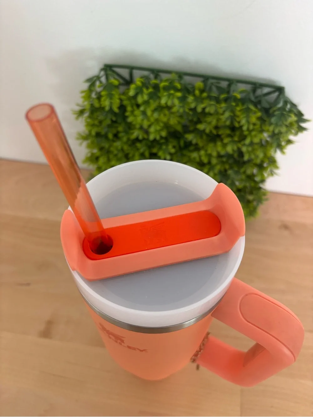 Stanley Coral Orange Travel Mug with Handle and Reusable Straw